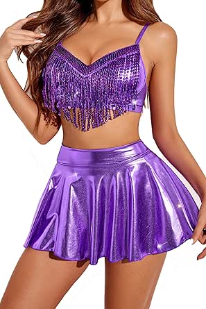 Avidlove Rave Outfits for Women Sequin Fringe Outfits Cosplay Lingerie 3pack Costume Set with Metallic Skirt