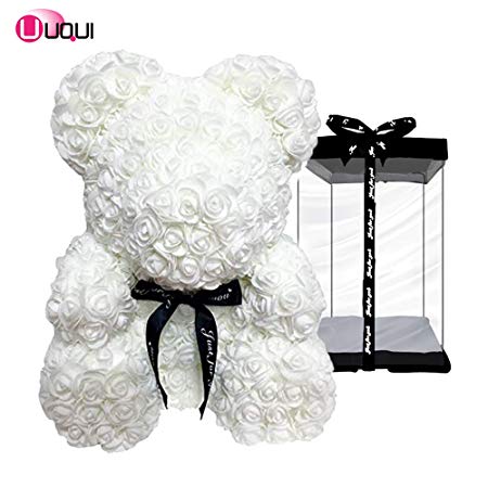 U UQUI White Flower Bear 10inches Great Gift for Her Gift for Anniversary's, Birthdays and Weddings Handmade Forever Flower Rose Teddy Bear 10Inches White