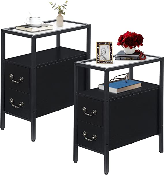 VECELO Tall End Side Tables Living Room Set of 2, Modern Narrow Nightstand with 2 Drawers and Shelf for Bedroom Office,Tempered Glass, Black