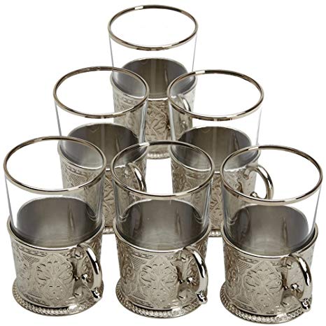 6 X Turkish Style Tea Glasses Set with Holders Spoons, XL 6.6 Ounce (Silver)