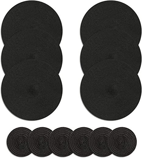 Homcomodar Round Placemats and Coasters Set of 6 Braided Woven Table Place Mats for Dining Table(Black)