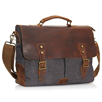 Wowbox Leather Vintage Messenger Bag for 15.6 inch laptops,Satchel Briefcase Bag for Men and Women Grey