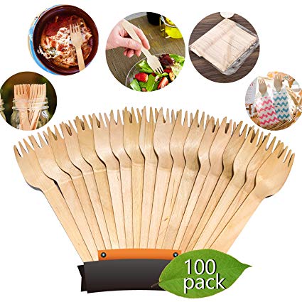 Disposable Wooden Forks Heavy Weight - KITMA 6.5" Natural Birch Wood Environmental Protection Tableware - Alternative to Plastic Cutlery - Biodegradable (100 Pack)