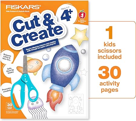 Fiskars Cut & Create Activity Book with 5in Kids Scissors - Gifts and Stocking Stuffers for Kids - Ages 4