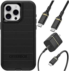 OtterBox iPhone 15 Pro Max (Only) Bundle: - Defender Series Case - Black - Case Only - Microbial Defense Protection - USB-C to USB-C Wall Charging Kit, 20W.