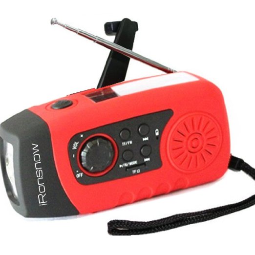 iRonsnow IS-089 Dynamo Emergency Solar Hand Crank Self Powered FM Radio 2000mAh Power Bank and LED Flashlight Support TF card MP3