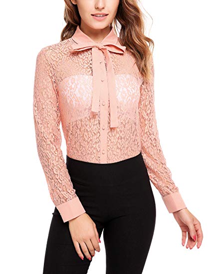 UNibelle Women's Long Sleeve Button Down Shirt Patchwork Lace Shirt Blouse Tops