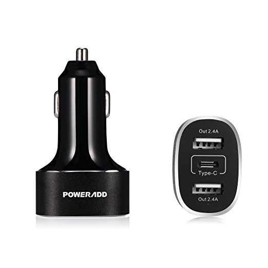 Poweradd Type-C Car Charger 5A/25W 3-Port Smart USB Charger for Apple Macbook 12'', iPhone 6 / 6 Plus, iPad Air 2 / mini 3, Galaxy S6 / S6 Edge and More