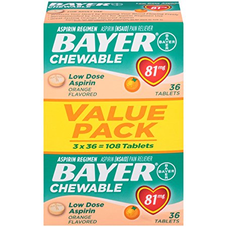 Bayer Aspirin, Chewable, Low Dose (81mg), Orange Flavor, 108 Tablets