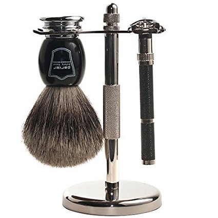 Parker 96R Safety Razor Shaving Set - Includes Pure Badger Brush, Stand & Parker 96R Butterfly Open Safety Razor