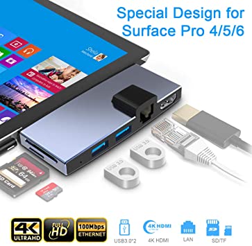 6 in 1 Surface Pro 4 Pro 5 Pro 6 Hub Docking Station, Rocketek for Microsoft Surface Pro Dock with 100Mbps Ethernet Port,4K HDMI, 2 USB 3.0 Ports,SD/TF Card Surface Pro Adapter for Surface Pro 6/5/4