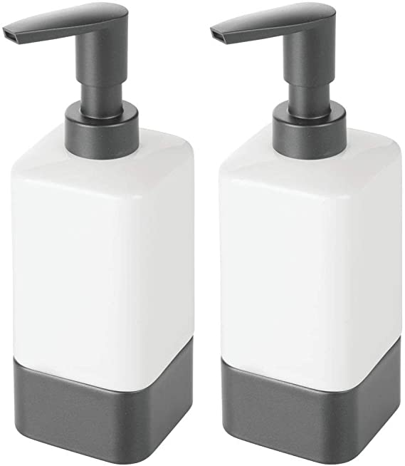 mDesign Square Ceramic Refillable Liquid Soap Dispenser Pump Bottle for Bathroom Vanity Countertop, Kitchen Sink - Holds Hand and Dish Soap, Hand Sanitizer, Essential Oil, 2 Pack - White/Graphite Gray