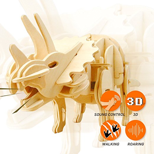 ROBOTIME 3D Wooden Dinosaur Puzzle DIY Woodcrafts Triceratops Model Toy for Kids and Adults