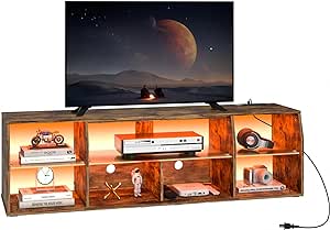 VECELO LED TV Stands with Lights & Power Outlets Gaming Entertainment Center with Glass Shelves, 7 Open Storage, Modern Television Cabinet for Living Room Bedroom, Retro Brown, 65inch