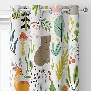Kids Blackout Curtains ，Grommet Thermal Insulated Room Darkening Printed Forest with Wild Animals Nursery and Kids Bedroom Curtains 42x63inch(107x160cm), White