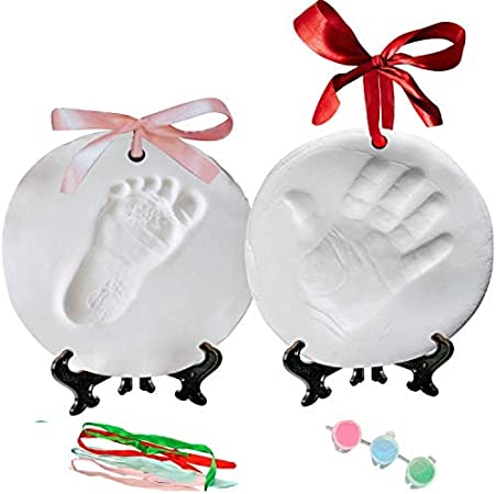 New Baby Ornament Keepsake Kit (Newborn Bundle) 2 EASELS, 4 Ribbons & 3 Color Paint Tubes! Baby Handprint Kit and Footprint Kit, Clay Casting Kit for Baby Shower Gifts, Boys & Girls