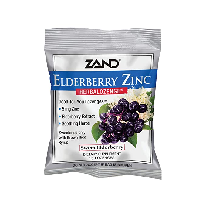 Zand HerbaLozenge Elderberry Zinc | Good-for-You Lozenges for Dry Throats | No Corn Syrup, No Cane Sugar, No Colors | 1 Bag, 15 Lozenges