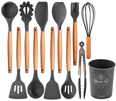 Kitchen Utensil Set, Silicone Cooking Utensils 12 Pcs Kitchen Tools with Natural Wooden Handles for Home Household Apartment Essentials Nonstick Cookware Tongs Spatula Spoon Set (Gray)