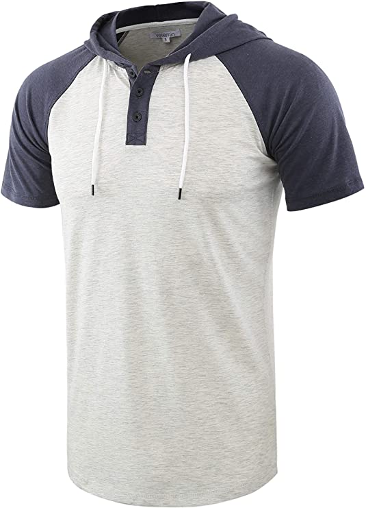 Vetemin Men's Casual Short Raglan Sleeve Henley Jersey Hoodie Baseball T Shirt