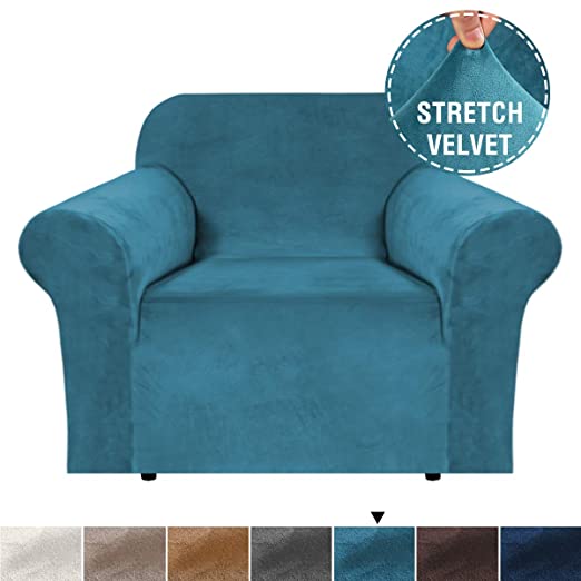 H.VERSAILTEX 1 Piece Stretch Stylish Armchair Cover Feature Real Velvet Plush Fabric, Soft Thick Luxury Velvet Furniture Sofa Cover Slipcover Machine Washable/Skid Resistance (Chair, Peacock Blue)