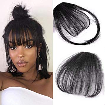 HIKYUU #1 Jet Black Thin Neat Air Bangs Remy Human Hair Extensions Clip in on Fringe Bangs Clip in Hair Extensions Natural Hair without Temples