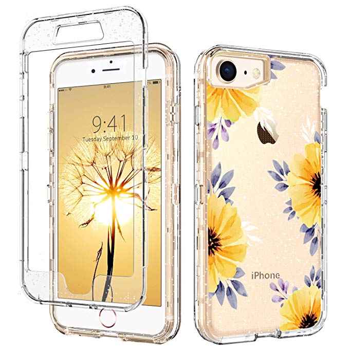 iPhone 7 Case Clear,DUEDUE iPhone 8 Case Floral,3 in 1 Glitter Shockproof Drop Protection Heavy Duty Hybrid Hard PC Transparent TPU Bumper Full Body Protective Case for iPhone 7/iPhone 8,Clear/Flower