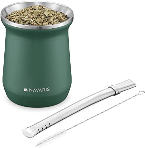 Navaris Yerba Mate Cup - 300ml Double Walled Stainless Steel Mate Tea Set with Gourd Cup Mug and Bombilla Straw and Brush for Mate Drink - Green