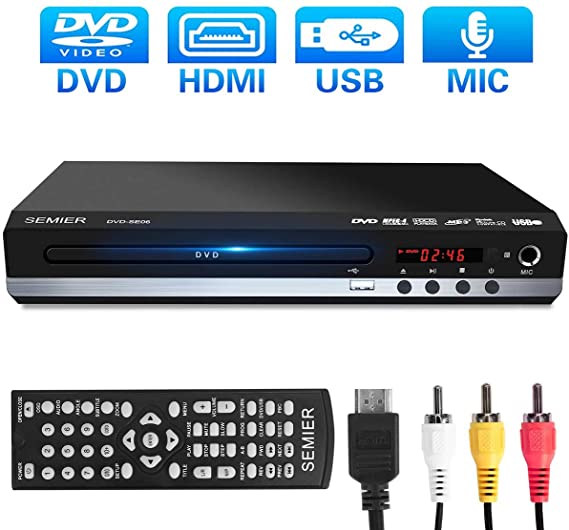 SEMIER Region Free DVD Player, Compact Video DVD CD/Disc Player for TV, HDMI/AV Cables Included, HD 1080P, Built-in PAL/NTSC, USB/MIC Input, Coaxial Port, Remote Control