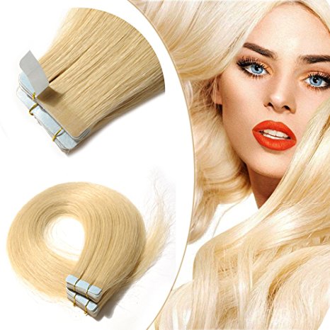 16" 30g Tape in Hair Extensions Remy Human Hair #613 Bleach Blonde Thin Long Straight Hair Seamless Skin Weft Invisible Double Sided Tape 20pc/pack  10 Free Tape Bonds