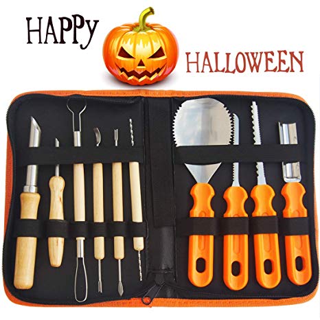 Gven Pumpkin Carving Kit- Pumpkin Carving Tools Jack-O-Lanterns Sculpting Set- 14 Cuts, Scoops, Scrapers, Saws, Loops- Halloween Tools
