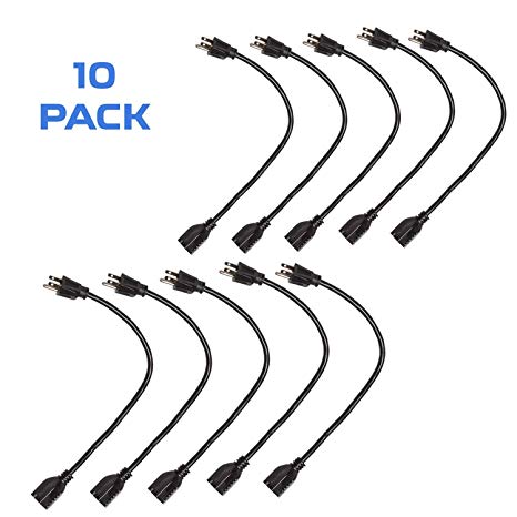 10 Pack of 3Ft Black Extension Cords - 16/3 SJT Electrical Extension Cord Set