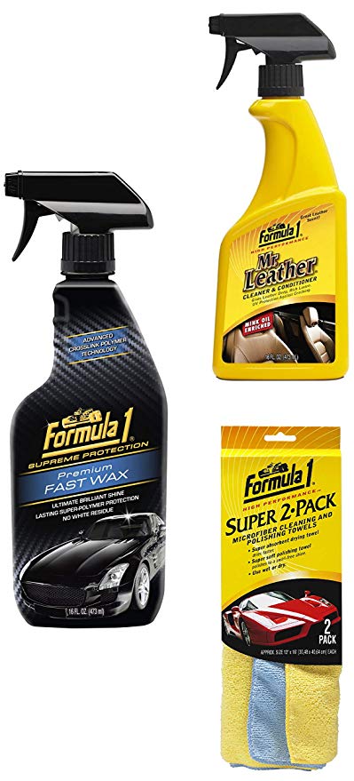 Formula 1 Luxury Car Care Kit (Premium Fast Wax 473 ml, Mr.Leather Spray 473 ml, Super 2-Pack Microfiber Cloth)