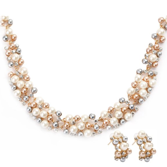EVBEA Pearl Jewelry Vintage Wedding Jewelry Sets Chunky Faux Pearl Cluster Necklace and Earrings Set