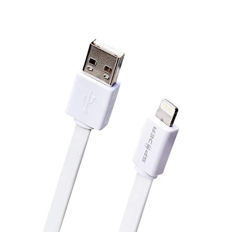 Spider USB to Lightning Charger Cable Sync for iPhone, iPod, iPad 1M(Flat Cable) White, E-USBMFI-WH1M