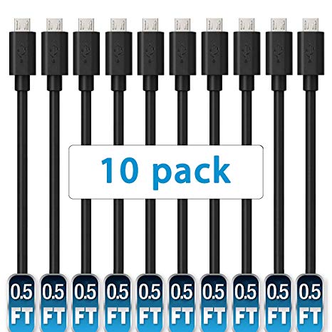 Short Micro USB Cable,Mopower 10 Pcs 0.5FT High Speed USB 2.0 A Male to Micro B Charge and Sync Cables for Samsung,LG,BlackBerry and Motorola Smartphones & Tablets Black (10-Pack)
