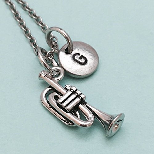 Trumpet necklace, trumpet charm, instrument, musician, music charm, personalized necklace, initial charm, monogram