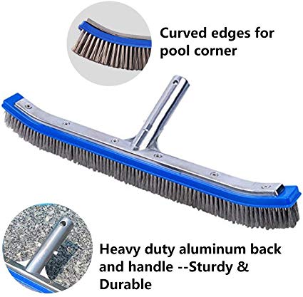 Lalapool Swimming Pool Scrub Brush,Heavy Duty 18" Aluminum Stainless Steel Wire Bristle Pool Brush for Walls,Tiles & Floors Curved Cleaning Brushes with EZ Clips
