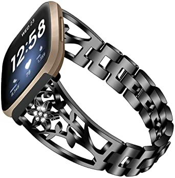 iRunzo Replacement for Fitbit Sense Band Stainless Steel Versa 3 Bracelet Wristband with Bling Rhinestone Strap Metal Accessory for Women (Black)