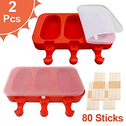 Silicone Popsicle Molds BPA-Free, Ice Pop Molds with Lids Packs of 2x3 Cavities for Kids, Cake/Ice Cream/Popsicle Maker Easy Release, Bonus 80 Popsicle Sticks by MoHern
