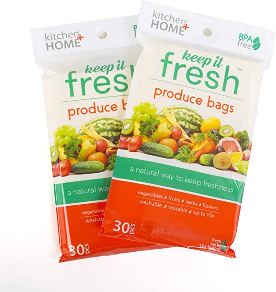 Keep it Fresh Produce Bags – BPA Free Reusable Freshness Green Bags Food Saver Storage for Fruits, Vegetables and Flowers – Set of 60 Gallon Size Bags