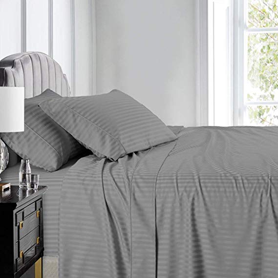 Royal Hotel Stripe Sheets - 600 Thread Count - 4PC Bed Sheet Set - 100% Cotton - Sateen Stripe, Deep Pocket, King Size, Gray