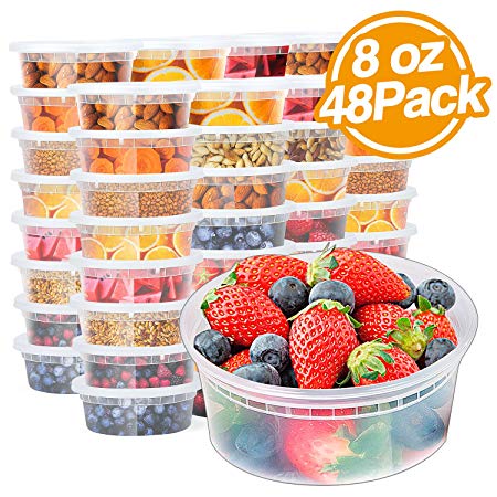 Glotoch 48pack 8oz Deli Food Storge containers with lids.Food grade plastic containers BPA FREE leakproof Restaurant Deli Cups,Foodsavers,Bento Lunch Box, Portion Control,and Meal Prep Containers