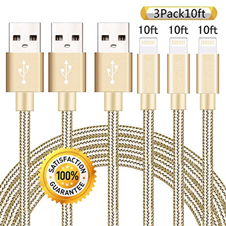 Chamfind iPhone Cable 3Pack 10FT Nylon Braided Certified Lightning to USB iPhone Charger Cord for iPhone 8 7 7 Plus 6S 6 SE 5S 5C 5, iPad 2 3 4 Mini Air Pro, iPod Nano 7 (Gold)