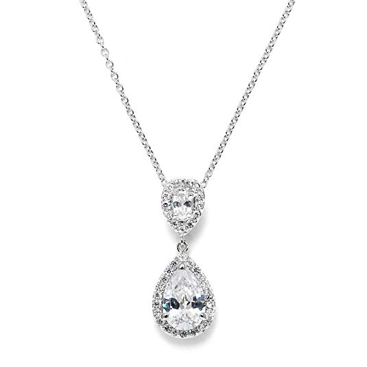 Mariell Pear-Shaped Cubic Zirconia Teardrop Bridal Necklace Pendant - Platinum Plated Wedding Jewelry