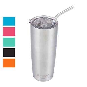 Boroux Climate Series 20oz Insulated Stainless Steel Tumbler Cups with Extra Wide Stainless steel Straw - Uncoated Stainless Steel