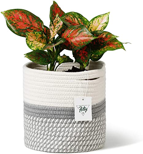 POTEY 700601 Cotton Rope Woven Plant Basket Modern Woven Basket for 7" Flower Pot Floor Indoor Planters,Storage Organizer Basket Rustic Home Decor, White Grey Stripes 8"x 7.5"