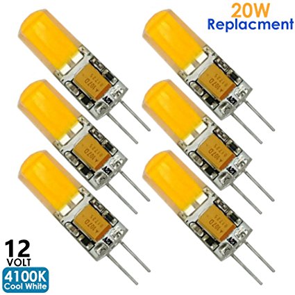 Luxrite LR24632 (6-Pack) 1.5W G4 LED Pin Base Light Bulb, 20W Equivalent, 12V, Cool White 4100K, 200 Lumens, T3 Halogen Replacement, G4 Base