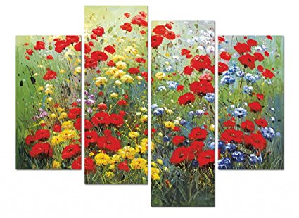 Wieco Art - Large Spring Color Modern 4 Piece Wrapped Giclee Canvas Prints Colorful Landscape Red Flowers Pictures Paintings on Canvas Wall Art for Living Room Bedroom Home Decorations L