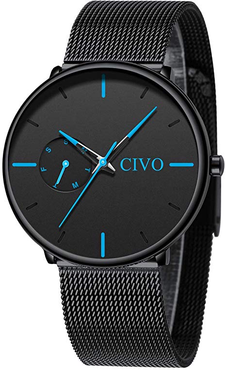 CIVO Mens Watches Gents Waterproof Watch Stainless Steel Mesh Analog Quartz Wrist Watches for Men Boys Kids with Day Calendar Simple Design Fashion Casual Ultra Thin Cool Wacthes