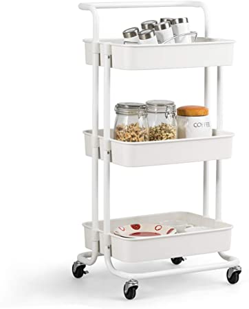 Giantex 3-Tier Utility Cart, Storage Rolling Cart with Casters, Multifunctional Organizer Cart with Top Handle, ABS Mesh Baskets, Storage Trolley with Brakes for Home and Office (White)